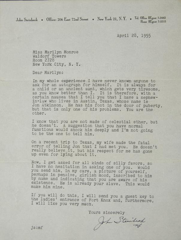Marilyn Monroe letter Steinbeck